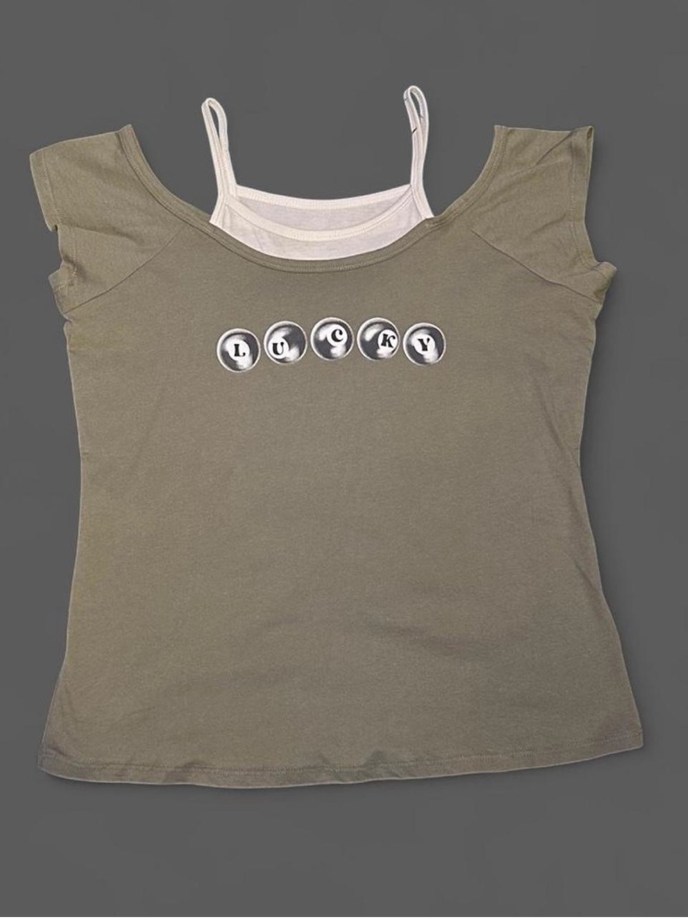 Lucky Graphic Olive Green Cold-Shoulder Women's Top